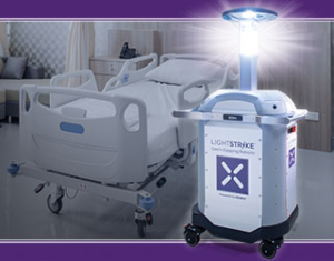 LightStrike Germ-Zapping Robots are used to disinfect hospital rooms to help reduce the pathogen transmission. 